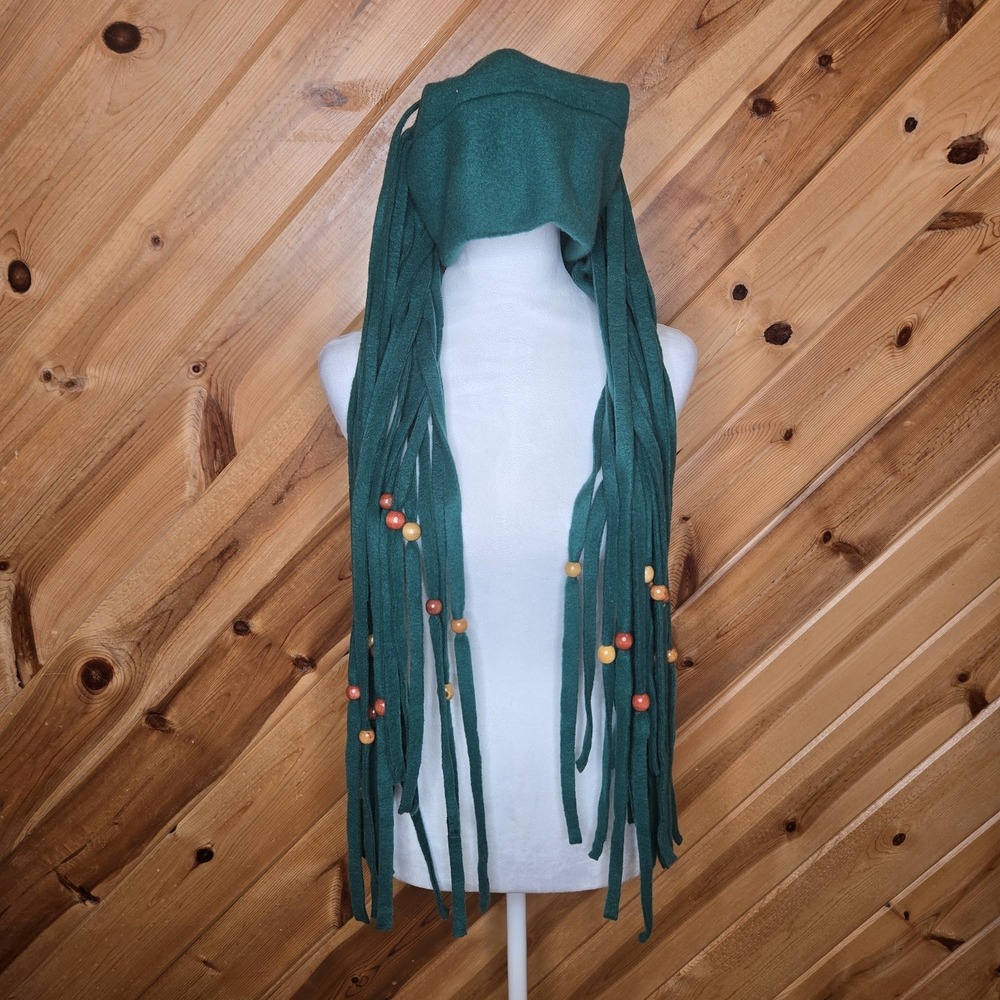 Green Fleece Headband Beanie Long Fringe‎ Dreads Beads Boho